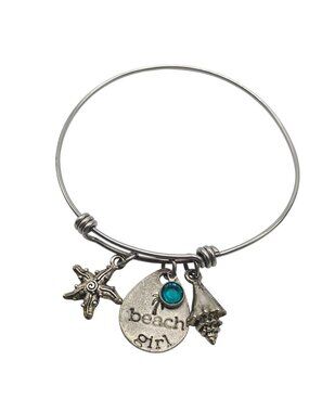 Beach Girl Silver Bangle Bracelet With Starfish Shell & Aqua Gem Charms Nautical